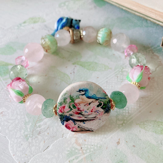 Reserved for a VIP: Women’s Spring Rose Teacup Pastel Whimsy Bluejay Talisman Stretch Bracelet