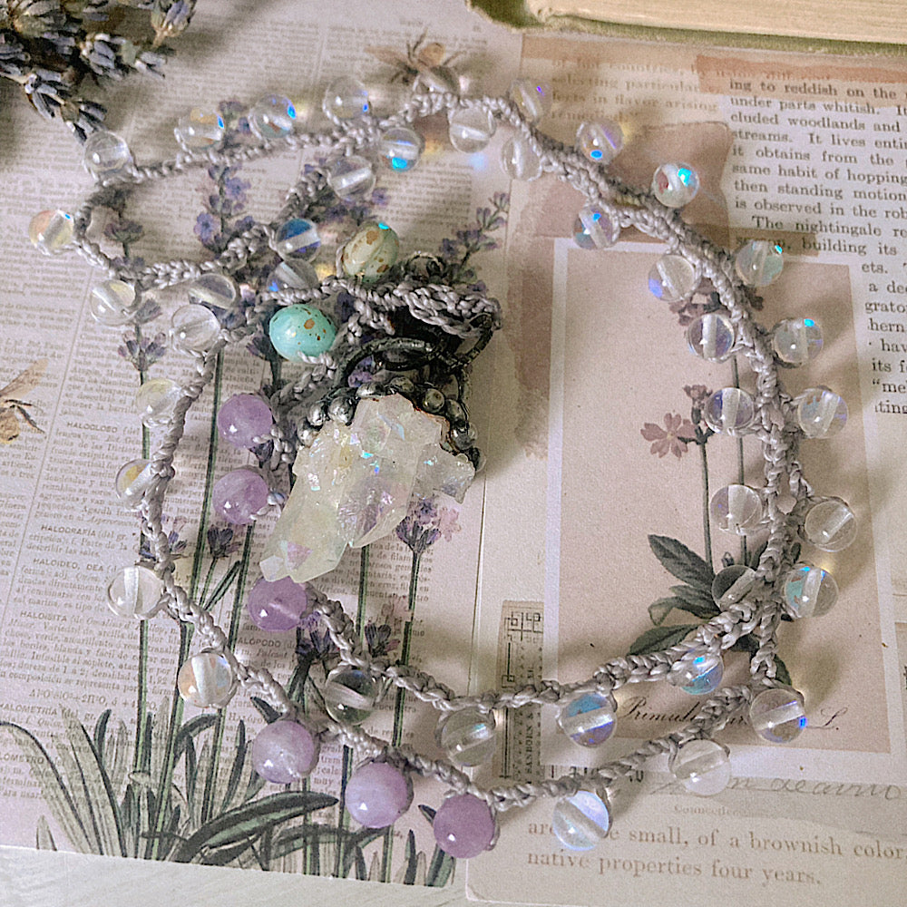 Women’s Spring Magic Pastel Whimsical Mystic Quartz Soldered Raw Crystal Crochet Necklace