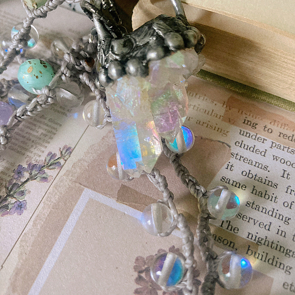 Women’s Spring Magic Pastel Whimsical Mystic Quartz Soldered Raw Crystal Crochet Necklace