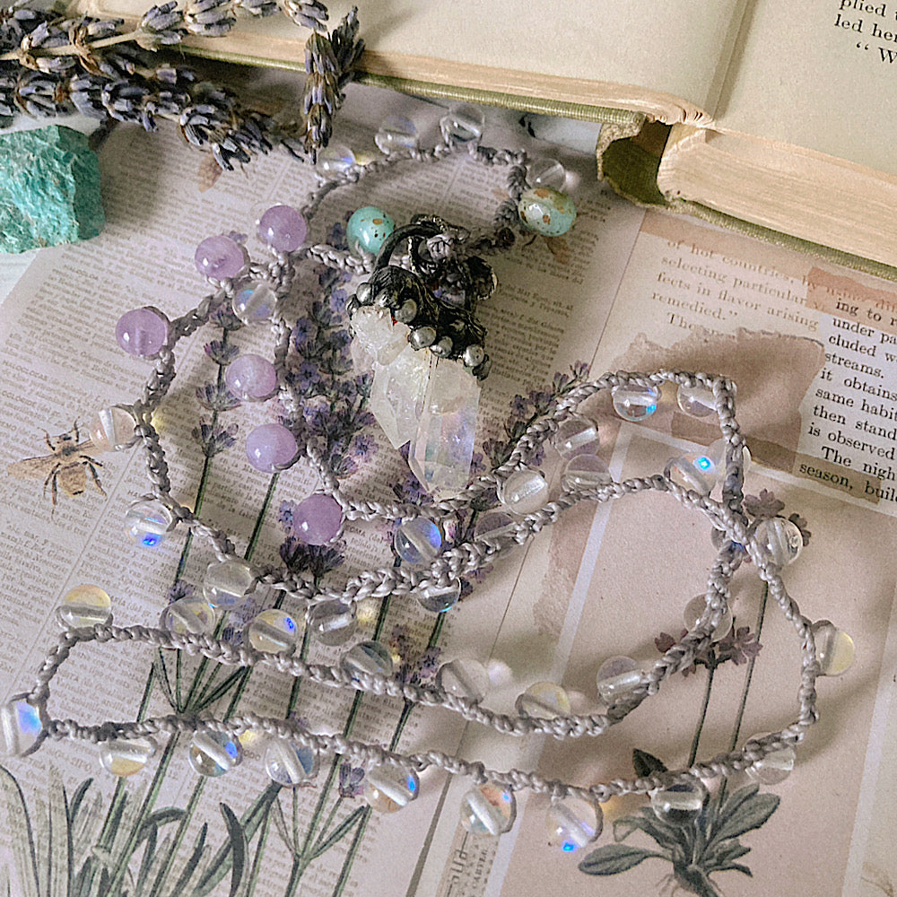 Women’s Spring Magic Pastel Whimsical Mystic Quartz Soldered Raw Crystal Crochet Necklace