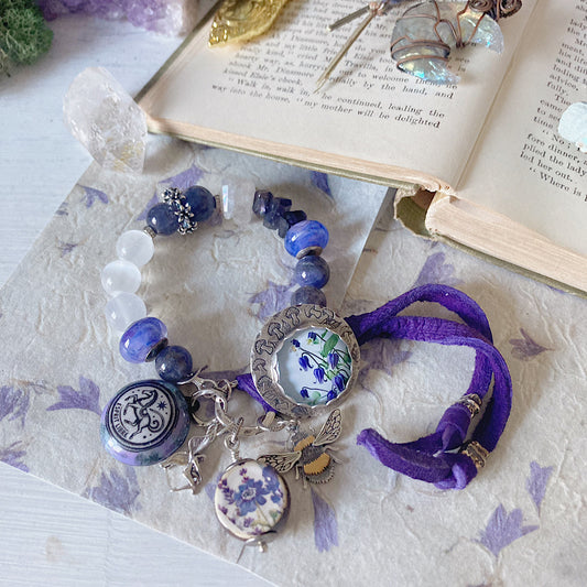 Reserved for a VIP: Women’s Spring Bluebells and Bees Garden Witch Talisman Tanzanite Button Clasp Bracelet