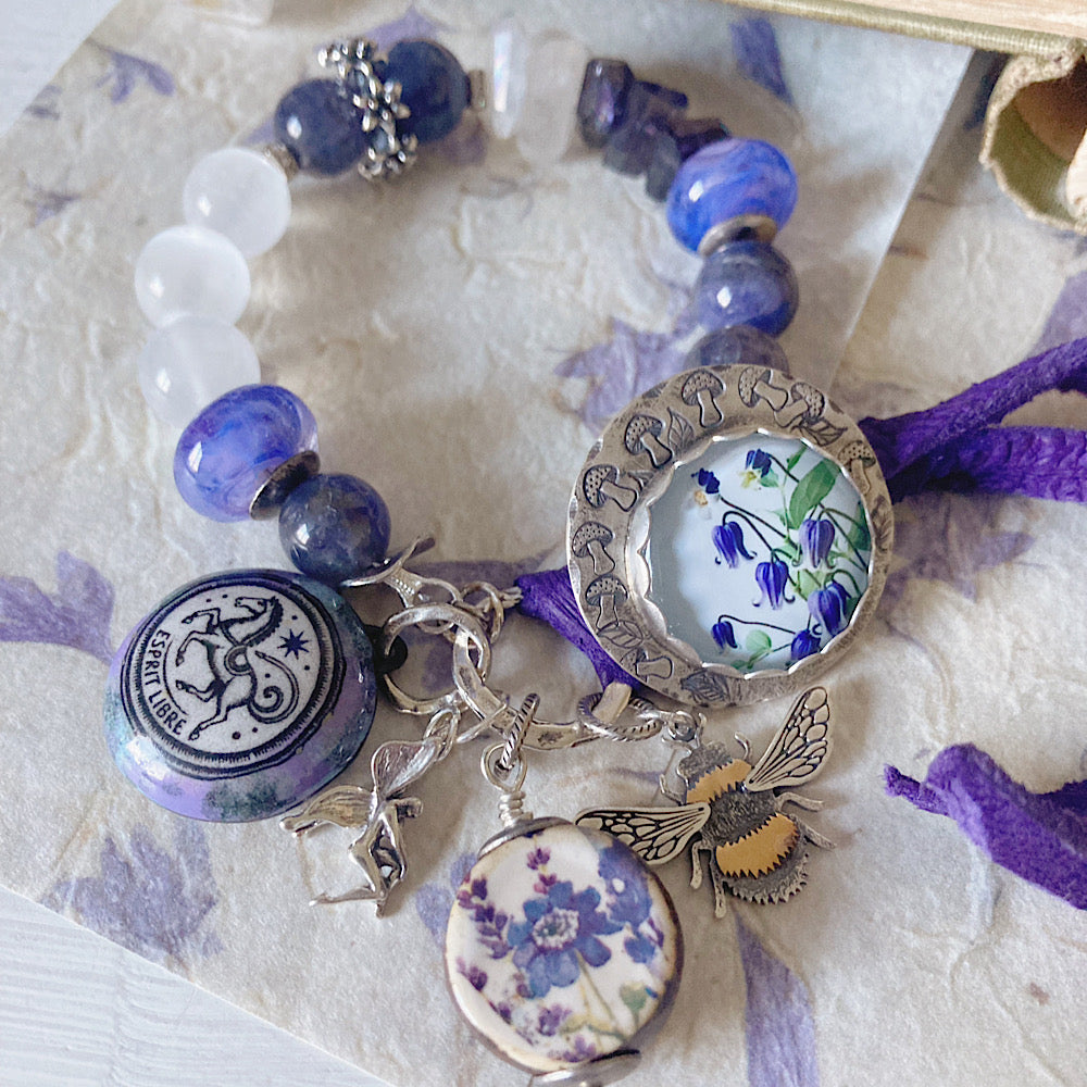Reserved for a VIP: Women’s Spring Bluebells and Bees Garden Witch Talisman Tanzanite Button Clasp Bracelet