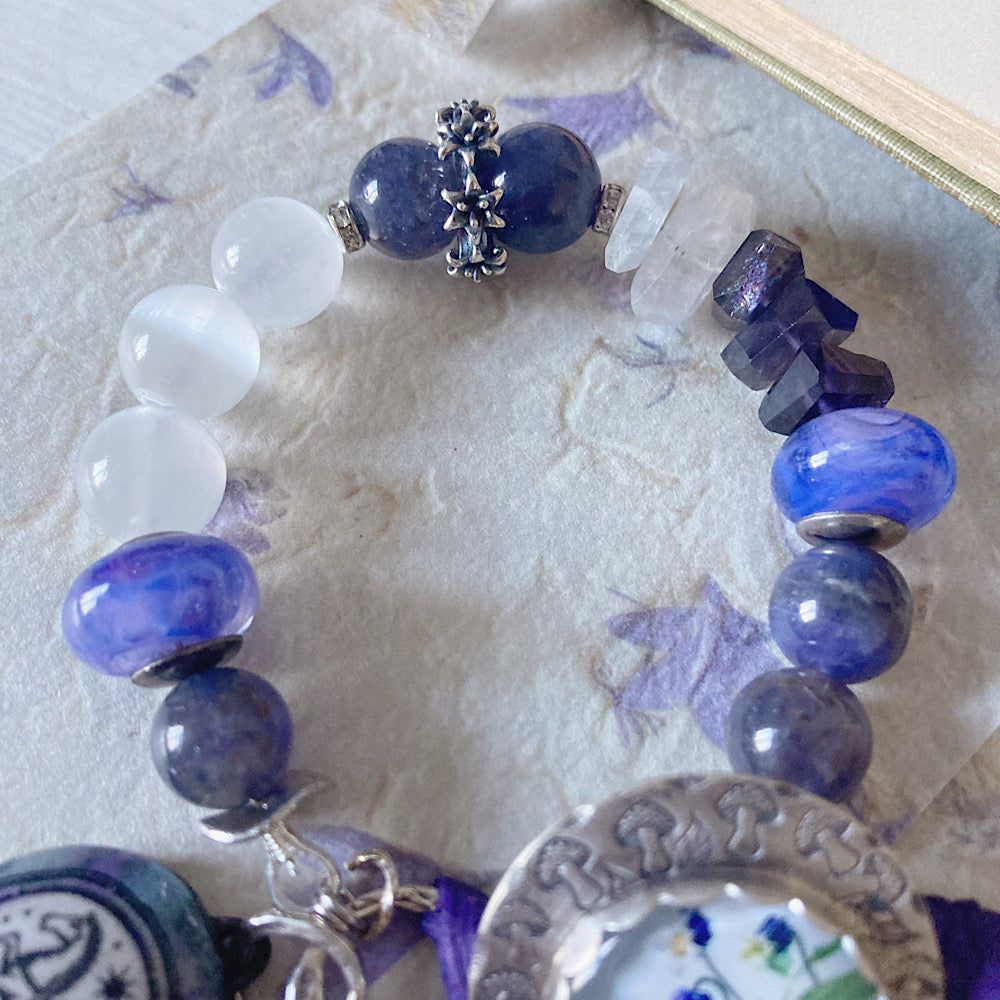 Reserved for a VIP: Women’s Spring Bluebells and Bees Garden Witch Talisman Tanzanite Button Clasp Bracelet