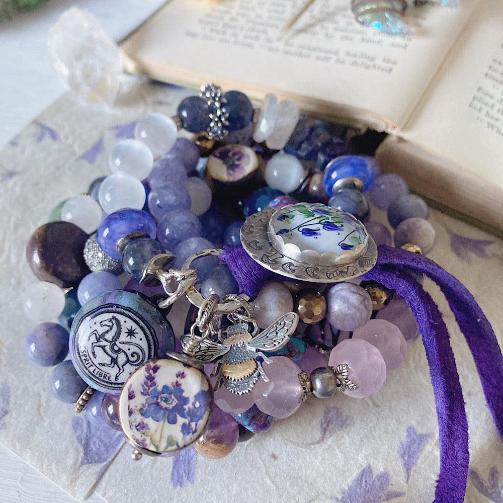 Reserved for a VIP: Women’s Spring Bluebells and Bees Garden Witch Talisman Tanzanite Button Clasp Bracelet