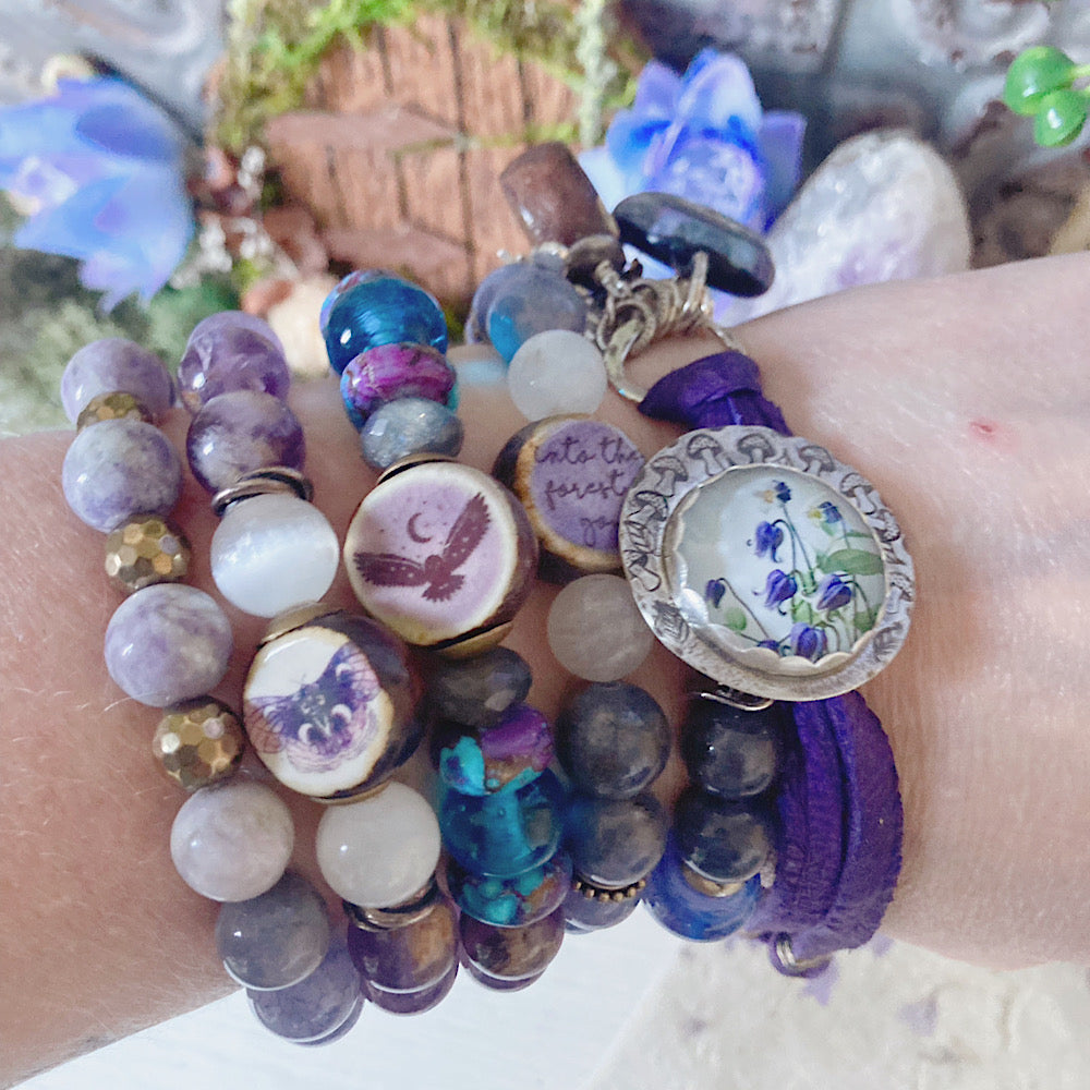 Reserved for a VIP: Women’s Spring Bluebells and Bees Garden Witch Talisman Tanzanite Button Clasp Bracelet