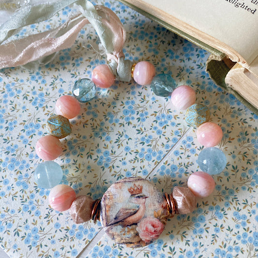 Women’s Spring Shabby Pastel Bird Talisman Whimsical Cottagecore Tassel Stretch Bracelet