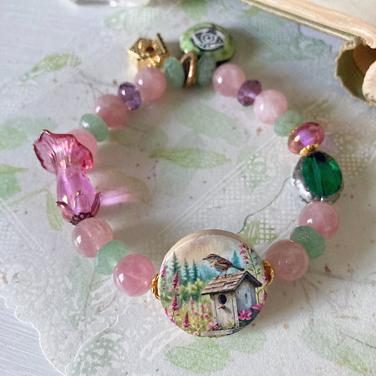 Reserved for a VIP: Women’s Spring Pastel Witchy Cottagecore Foxglove Talisman Rose Quartz Stretch Bracelet