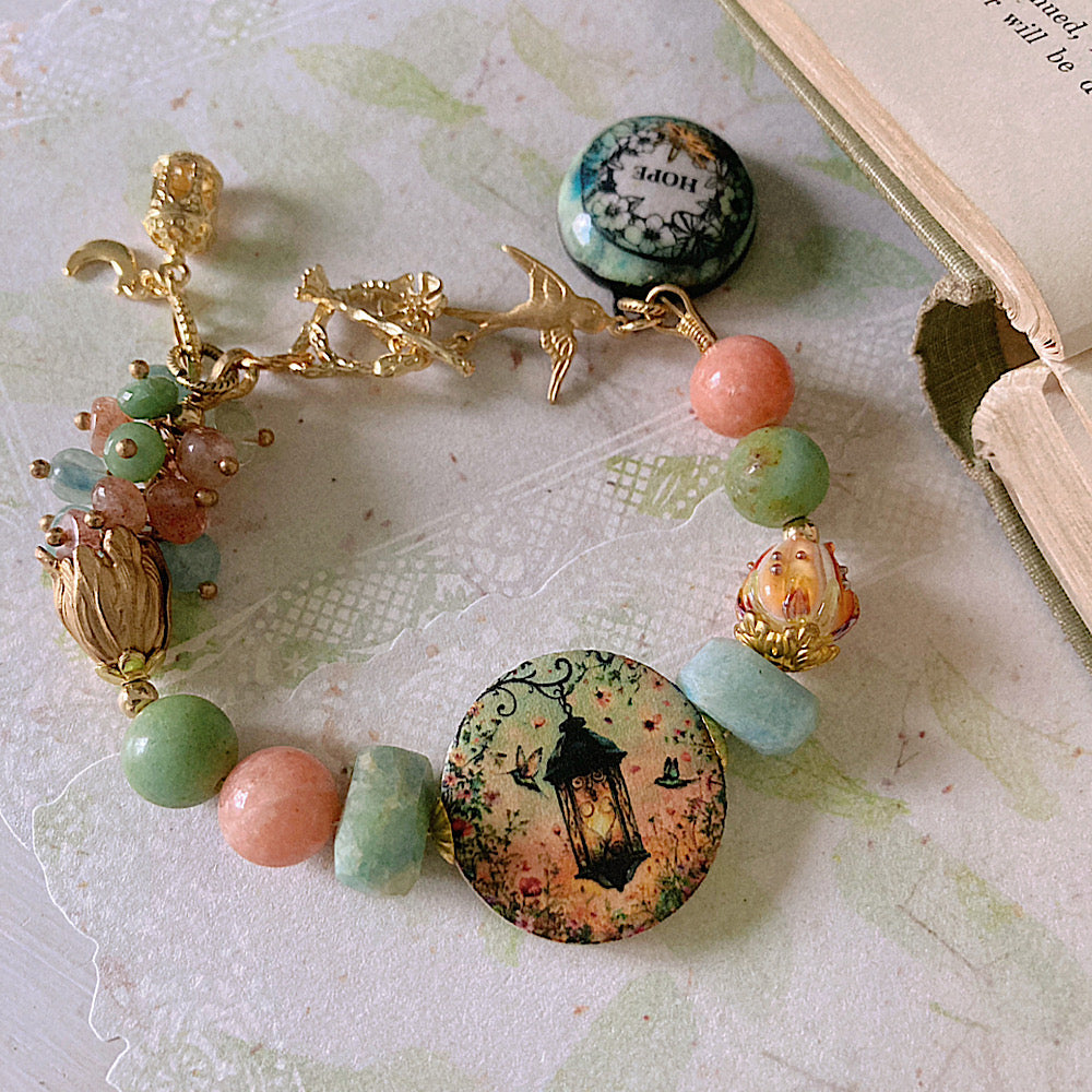 Women’s Spring Talisman Whimsy Pastel Bloom and Hummingbird Lantern Clasp Bracelet