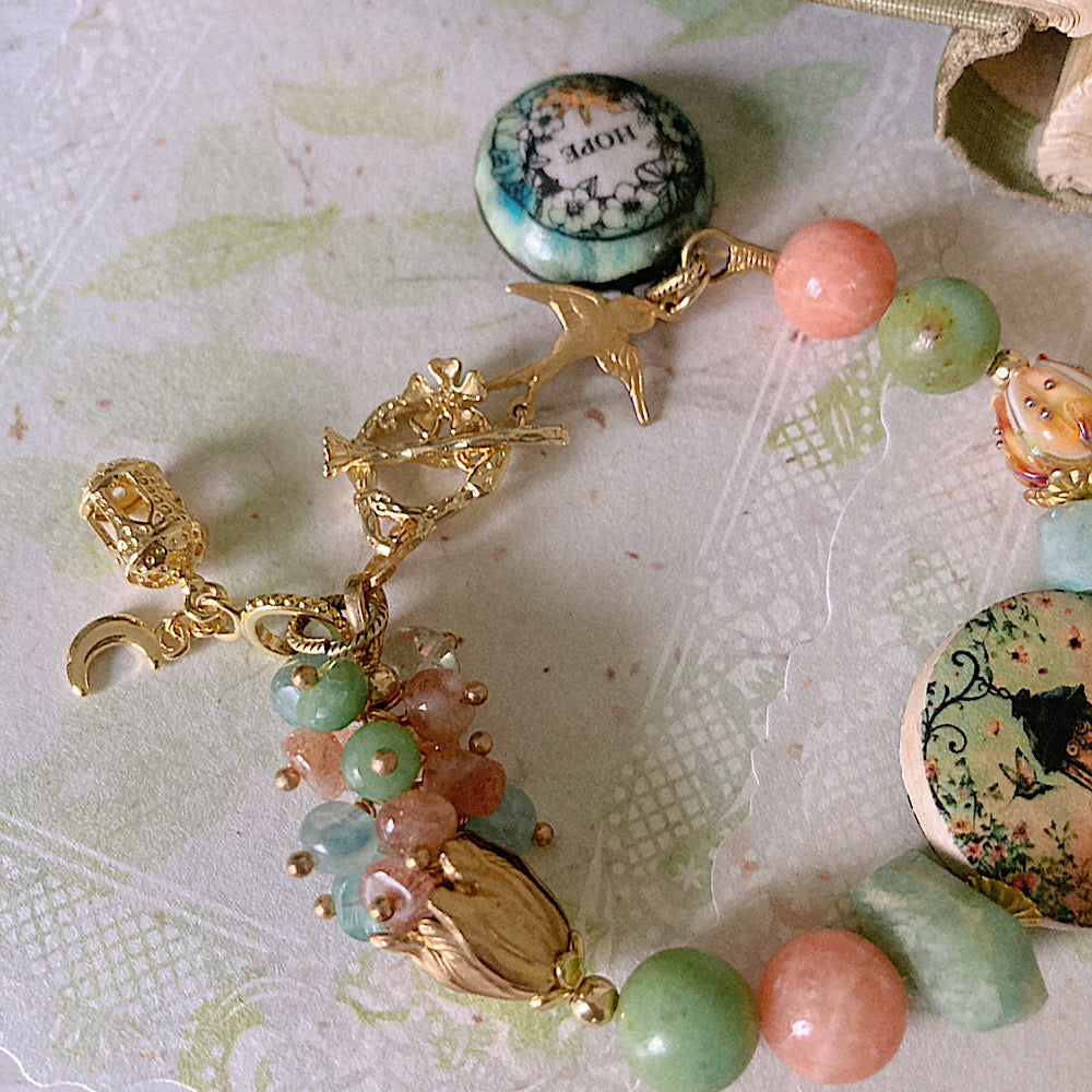 Women’s Spring Talisman Whimsy Pastel Bloom and Hummingbird Lantern Clasp Bracelet