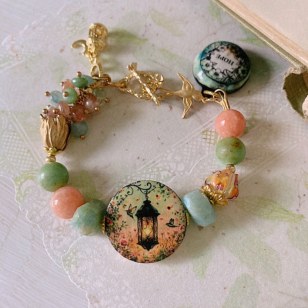 Women’s Spring Talisman Whimsy Pastel Bloom and Hummingbird Lantern Clasp Bracelet