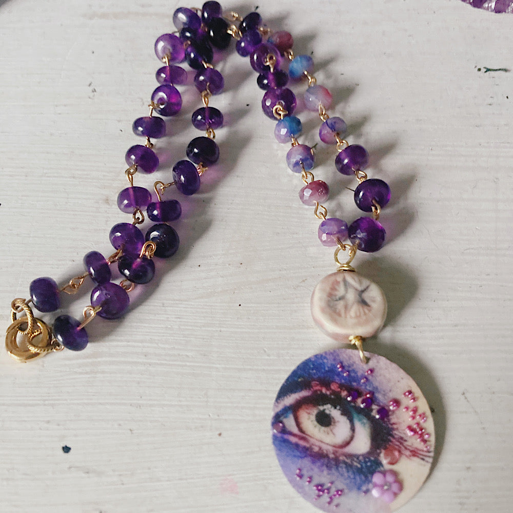 Women’s Evil Eye Protection Amulet Amethyst Magical Rosary Necklace