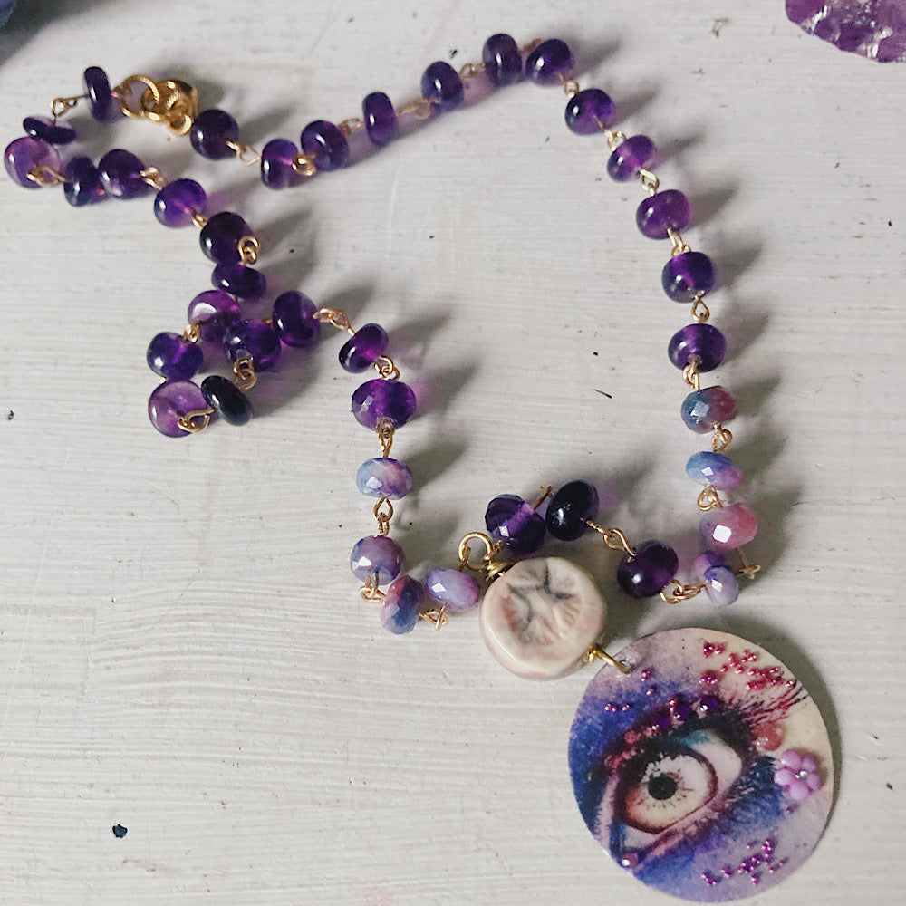 Women’s Evil Eye Protection Amulet Amethyst Magical Rosary Necklace