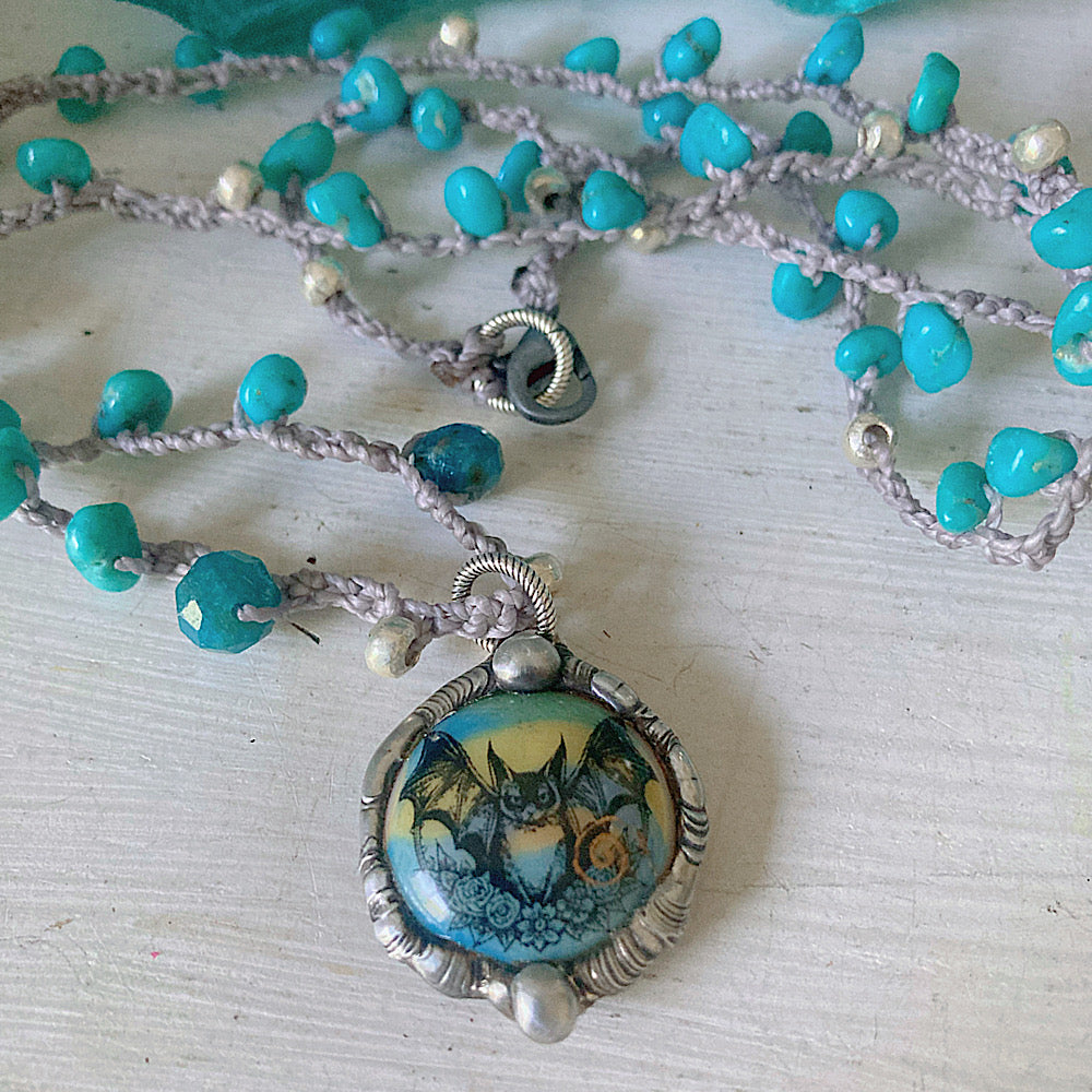 Women’s Enamel Bat Rustic Halloween Genuine Turquoise Crochet Necklace