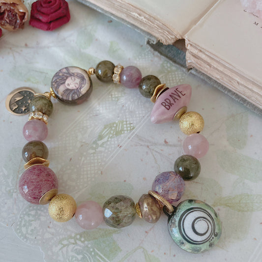 Women’s Summer Mountain Wild Rose Talisman Ceramic Garnet Cottagecore Stretch Bracelet