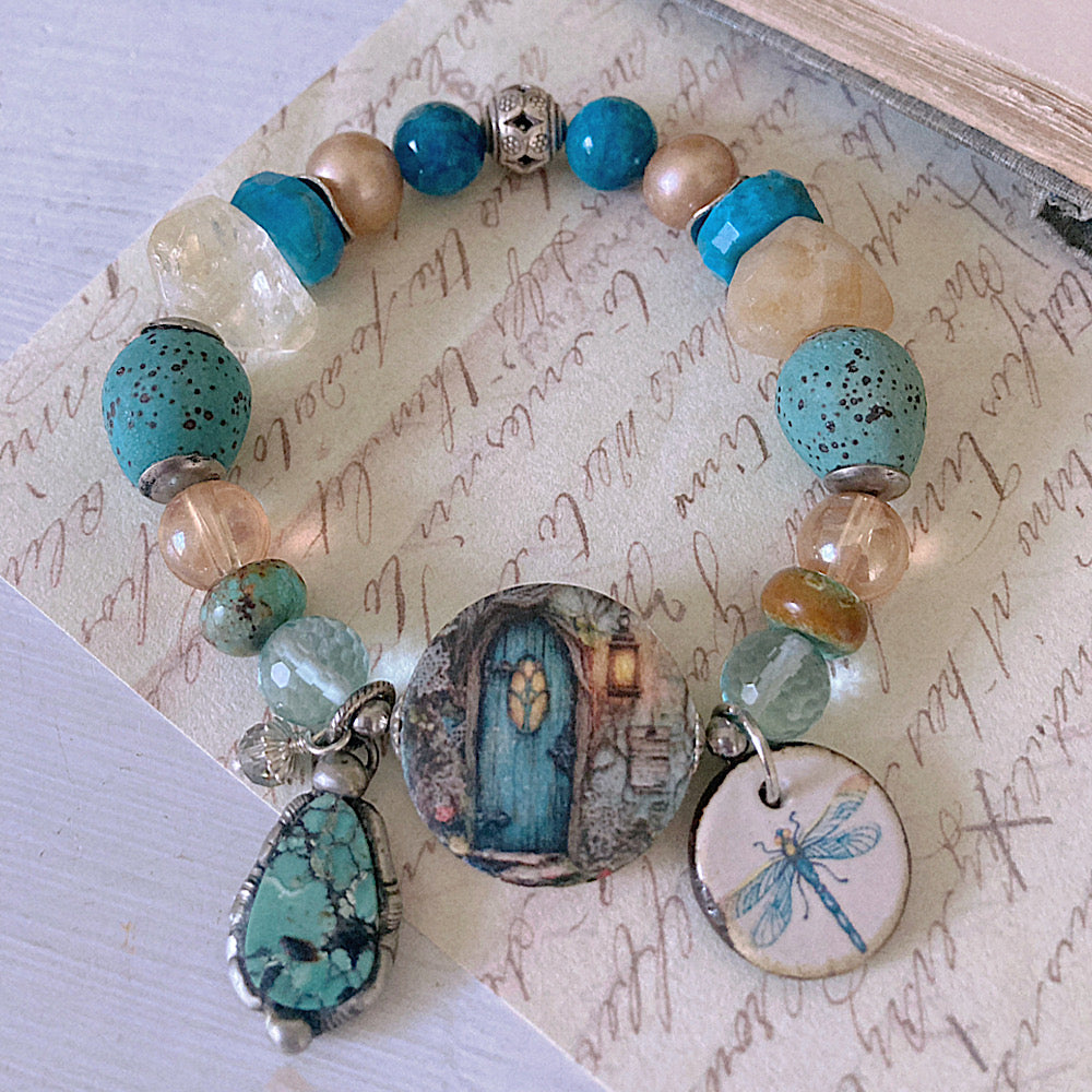 Reserved for VIP: Women’s Summer Mountain Door Turquoise and Citrine Dragonfly Mystical Boho Stretch Bracelet