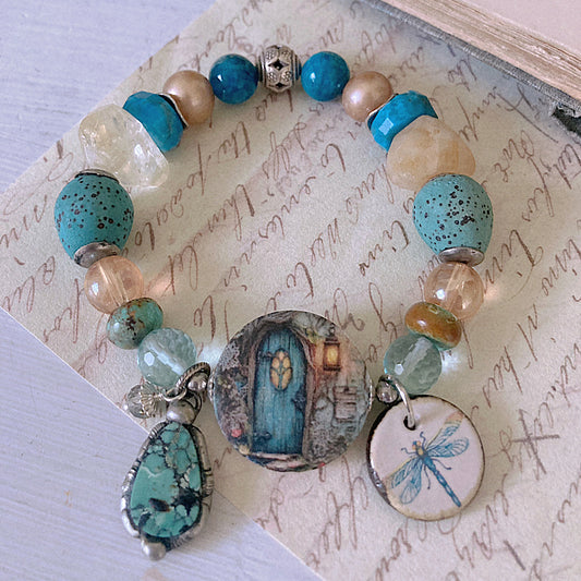 Reserved for VIP: Women’s Summer Mountain Door Turquoise and Citrine Dragonfly Mystical Boho Stretch Bracelet