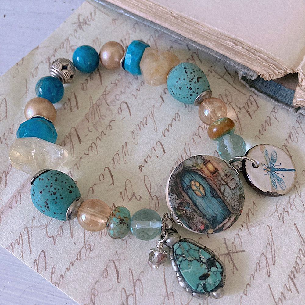 Reserved for VIP: Women’s Summer Mountain Door Turquoise and Citrine Dragonfly Mystical Boho Stretch Bracelet