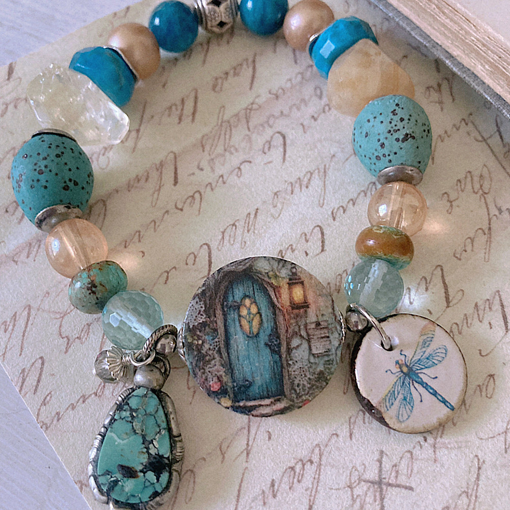 Reserved for VIP: Women’s Summer Mountain Door Turquoise and Citrine Dragonfly Mystical Boho Stretch Bracelet