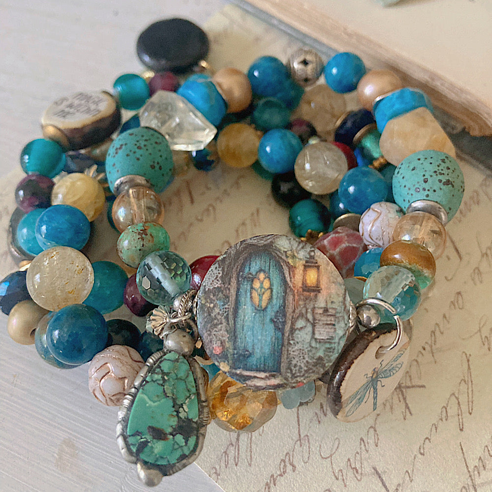 Reserved for VIP: Women’s Summer Mountain Door Turquoise and Citrine Dragonfly Mystical Boho Stretch Bracelet