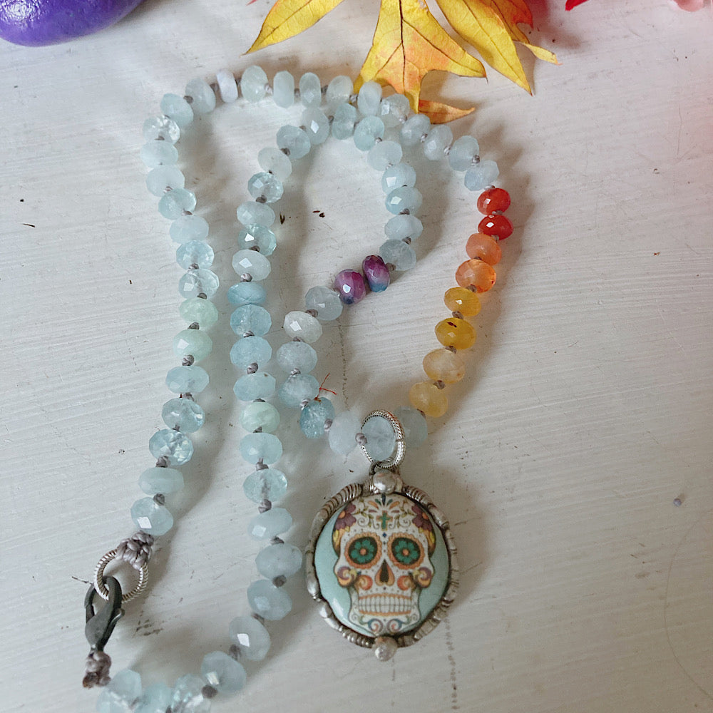 Women’s Enamel Sugar Skull Day of the Dead Knotted Topaz Necklace