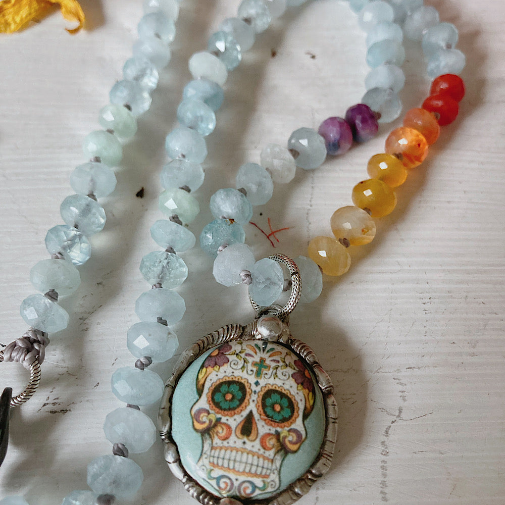 Women’s Enamel Sugar Skull Day of the Dead Knotted Topaz Necklace