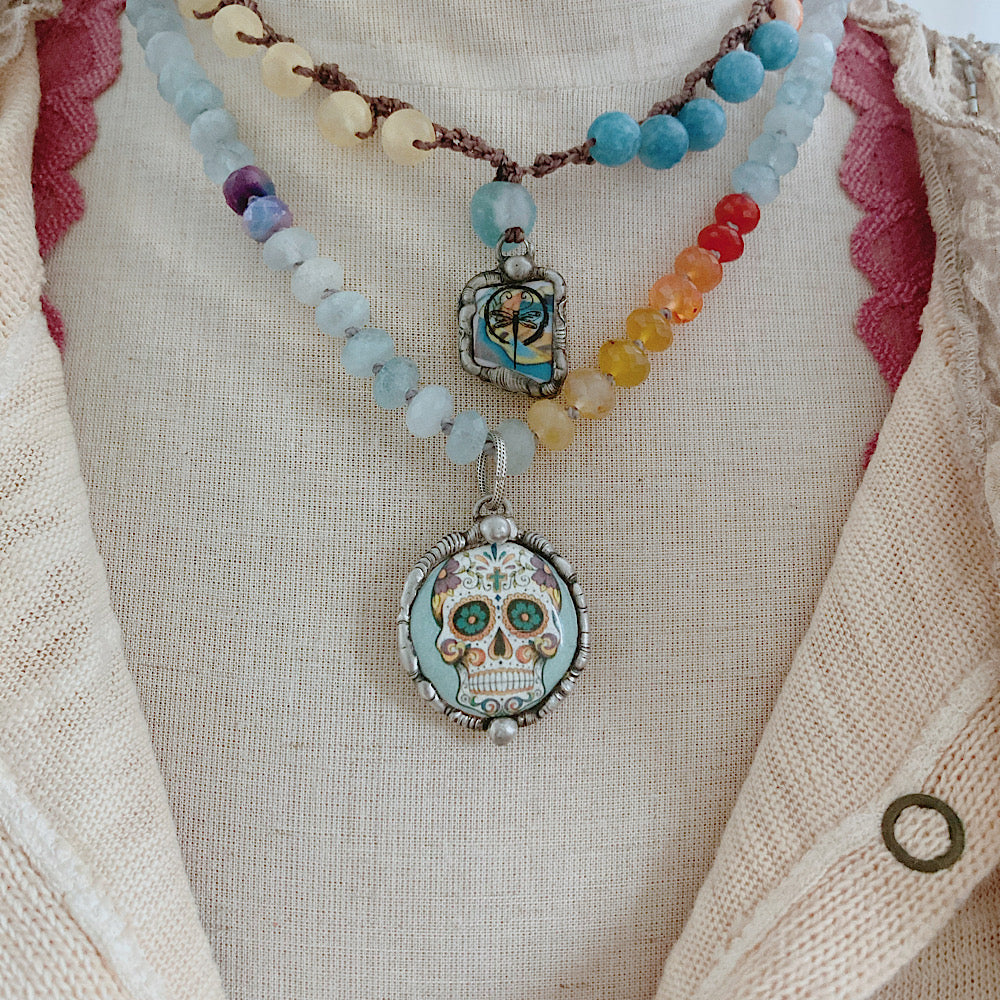 Women’s Enamel Sugar Skull Day of the Dead Knotted Topaz Necklace