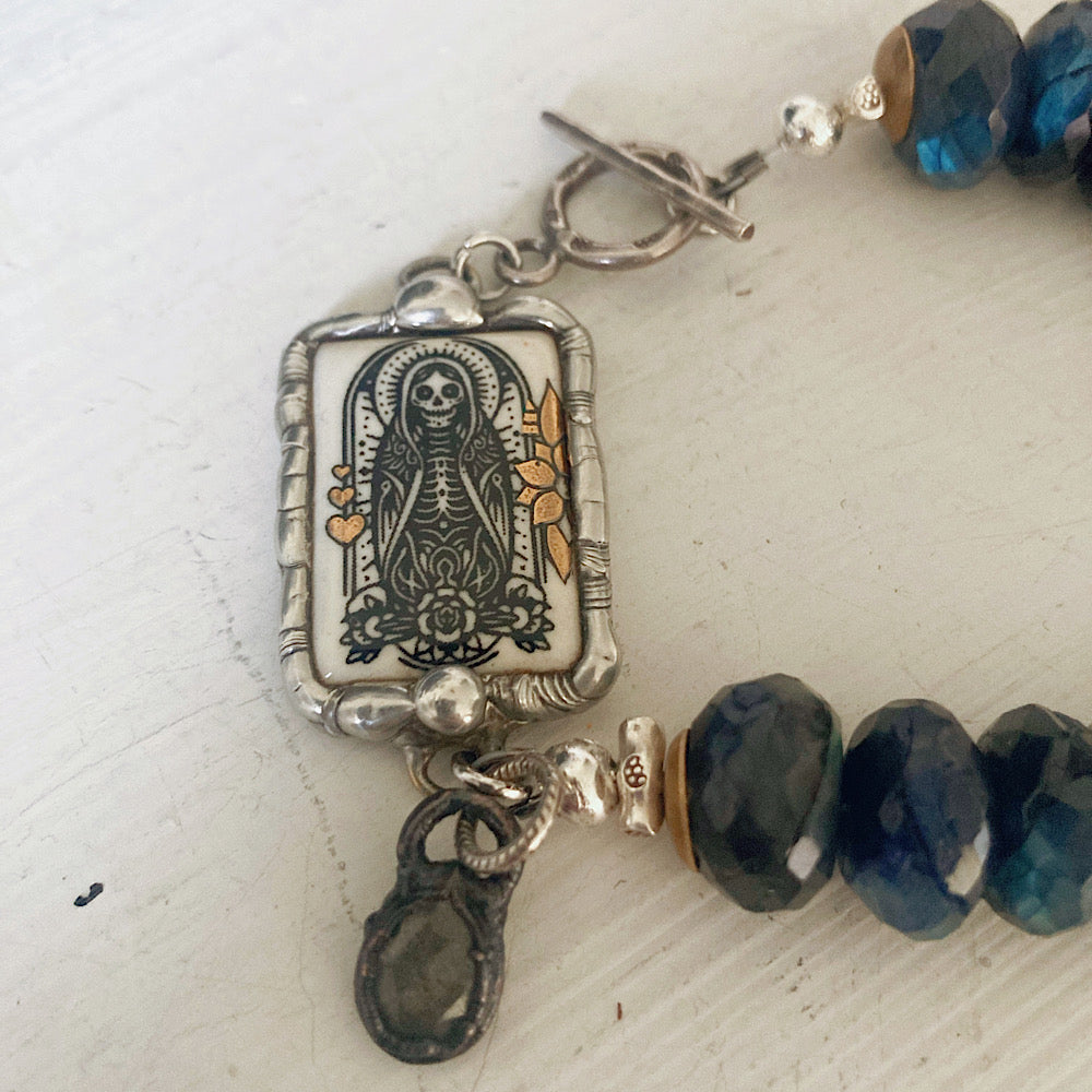 Women’s Santa Muerte Mystical Gothic Skull Labradorite Clasp Bracelet