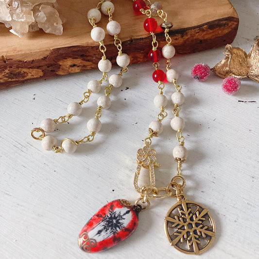 Women’s Winter Enamel Snowflake Gold-Filled Cottagecore Gemstone Rosary Necklace