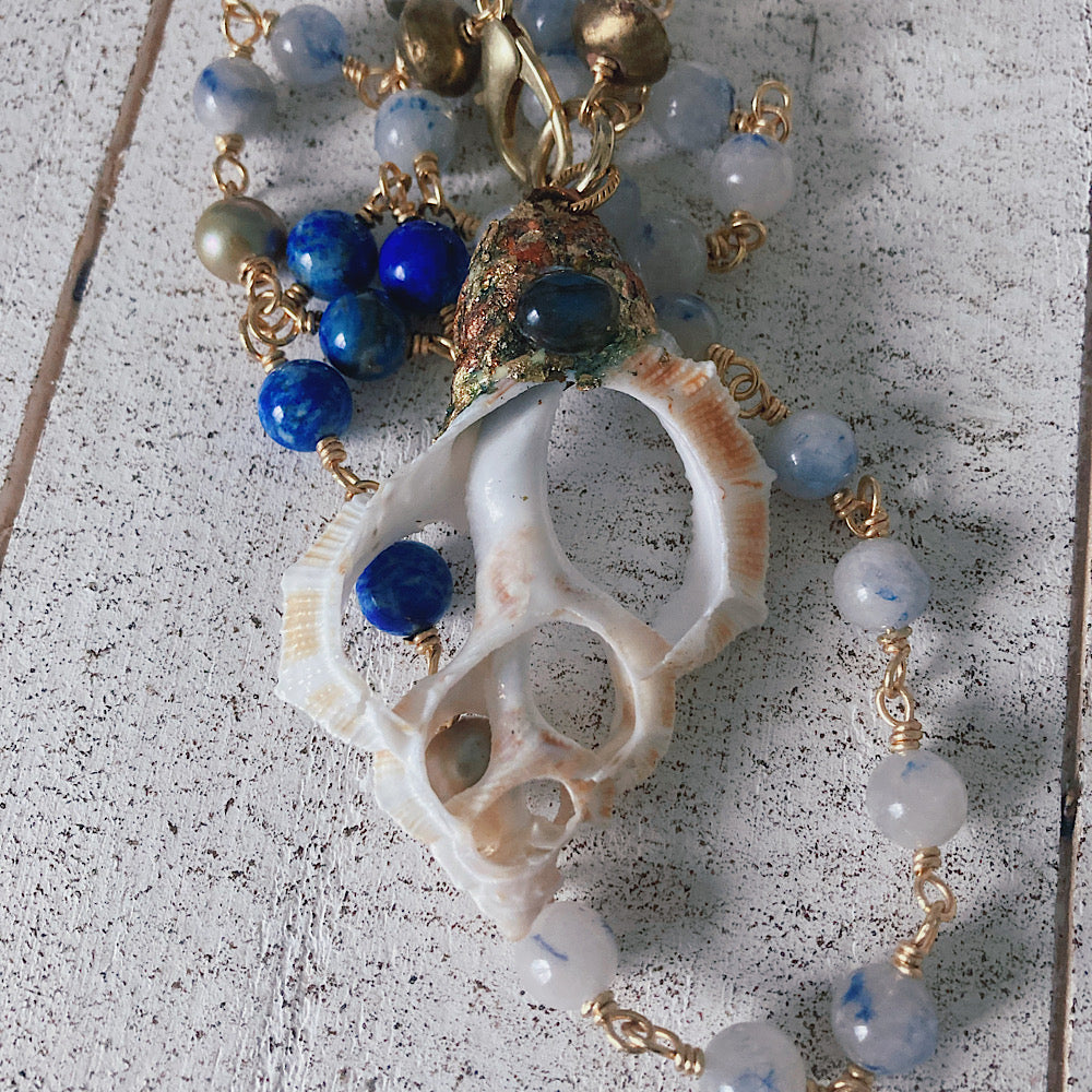 Women’s Beach Seashell Boho Lapis Winter Stormy Seas Rosary Necklace