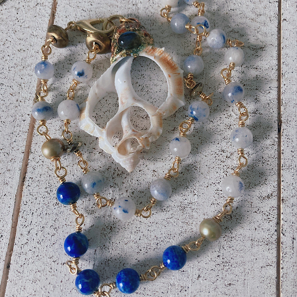 Women’s Beach Seashell Boho Lapis Winter Stormy Seas Rosary Necklace