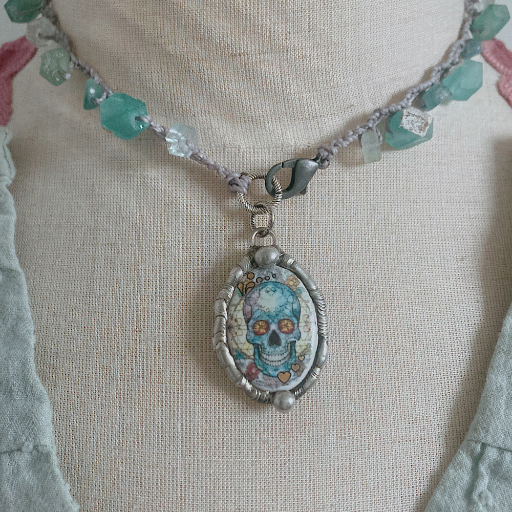 Unisex Mystical Sea Enamel Skull Talisman Aquamarine Crochet Necklace