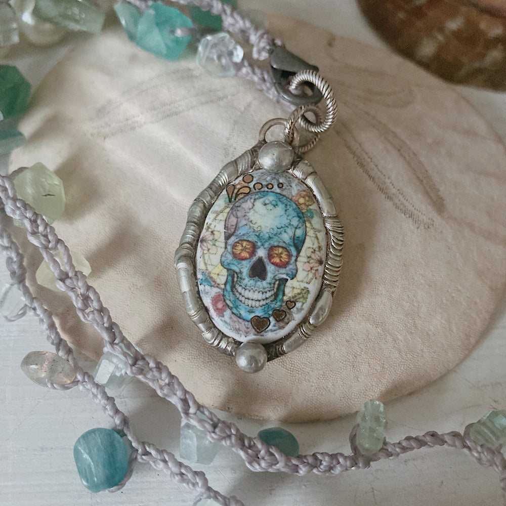 Unisex Mystical Sea Enamel Skull Talisman Aquamarine Crochet Necklace