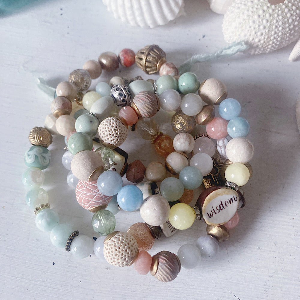 Women’s Beach Soft Neutrals Boho Aquamarine Surfer Stretch Bracelet