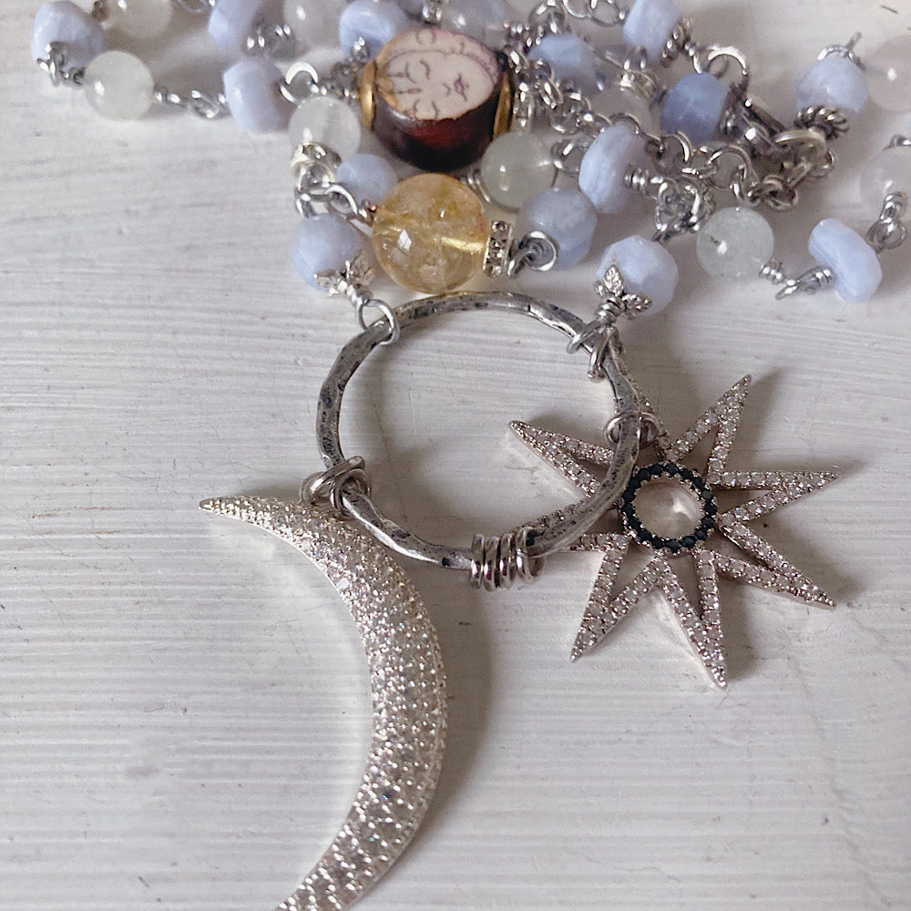 Women’s Moon and Star Celestial Gemstone Mystical Rosary Necklace