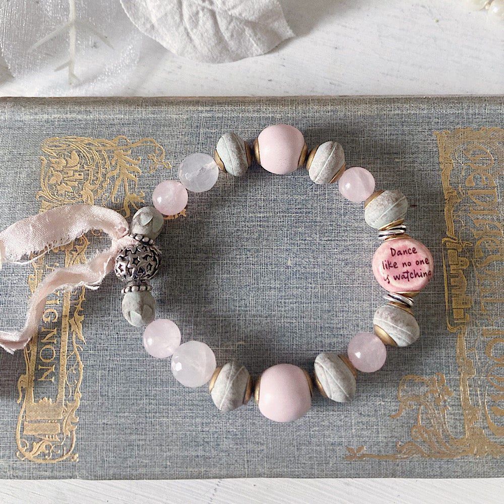 Women’s Shabby Boho Soft Pastel Pink and Grey Tassel Stretch Bracelet