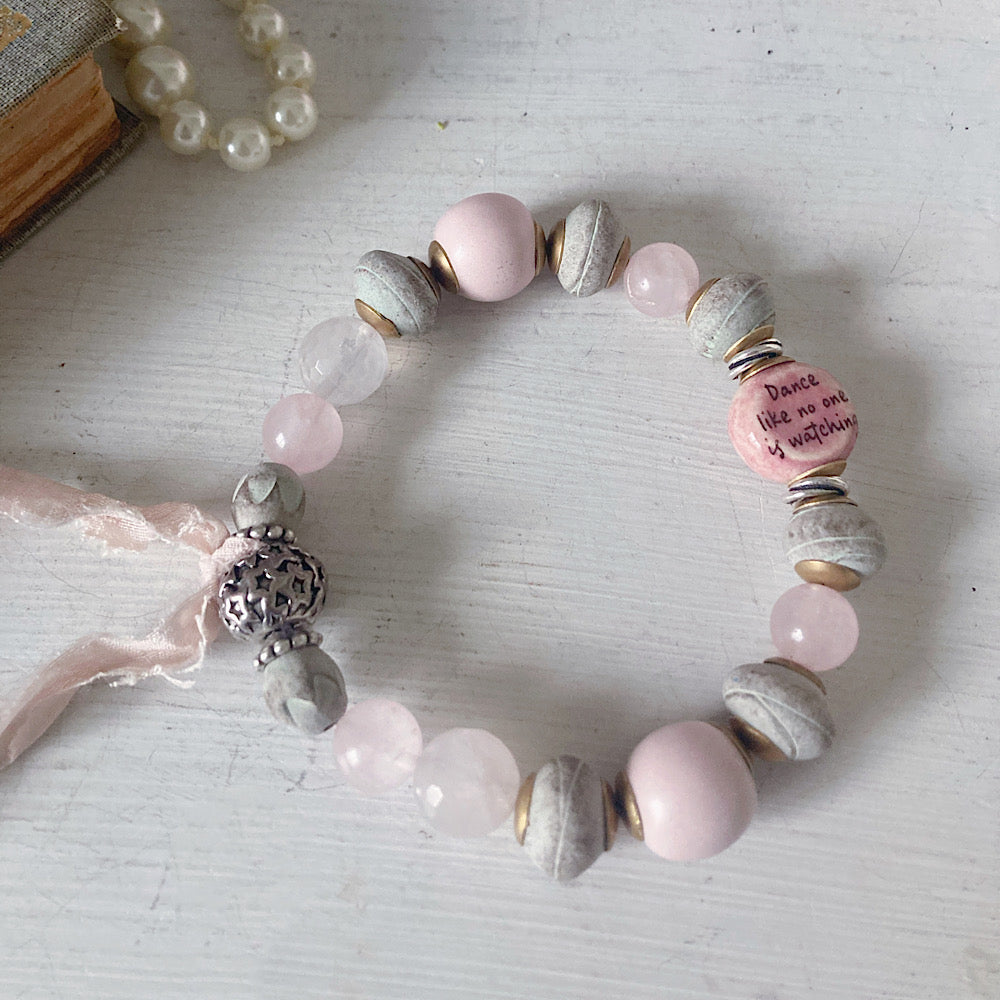 Women’s Shabby Boho Soft Pastel Pink and Grey Tassel Stretch Bracelet