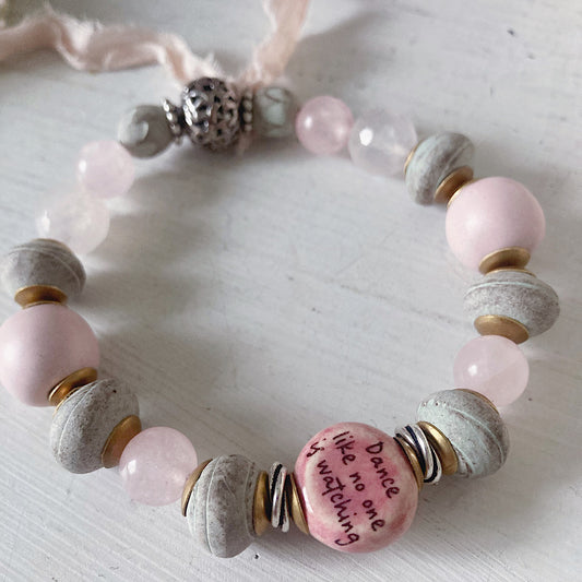 Women’s Shabby Boho Soft Pastel Pink and Grey Tassel Stretch Bracelet