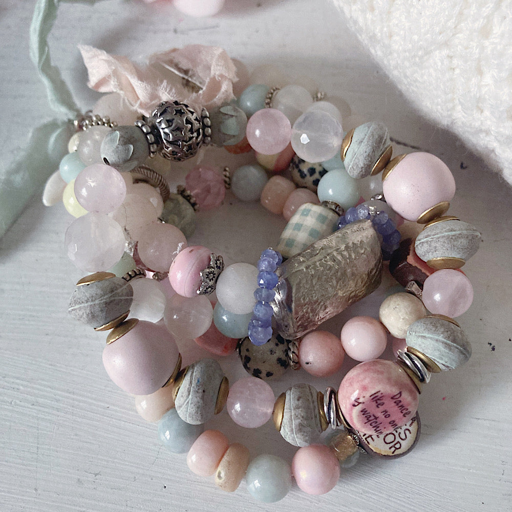 Women’s Shabby Boho Soft Pastel Pink and Grey Tassel Stretch Bracelet