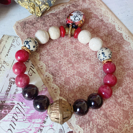 Women’s Heart and Vine Enamel Thulite Lovers Boho-Glam Stretch Bracelet