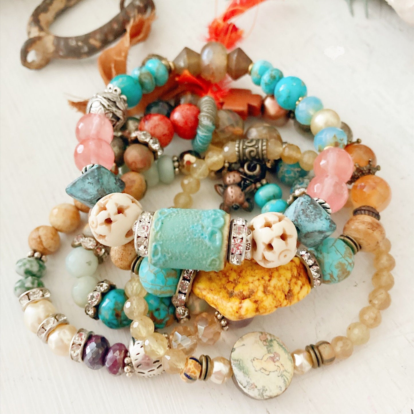 Pulsera elástica boho desierto turquesa para mujer