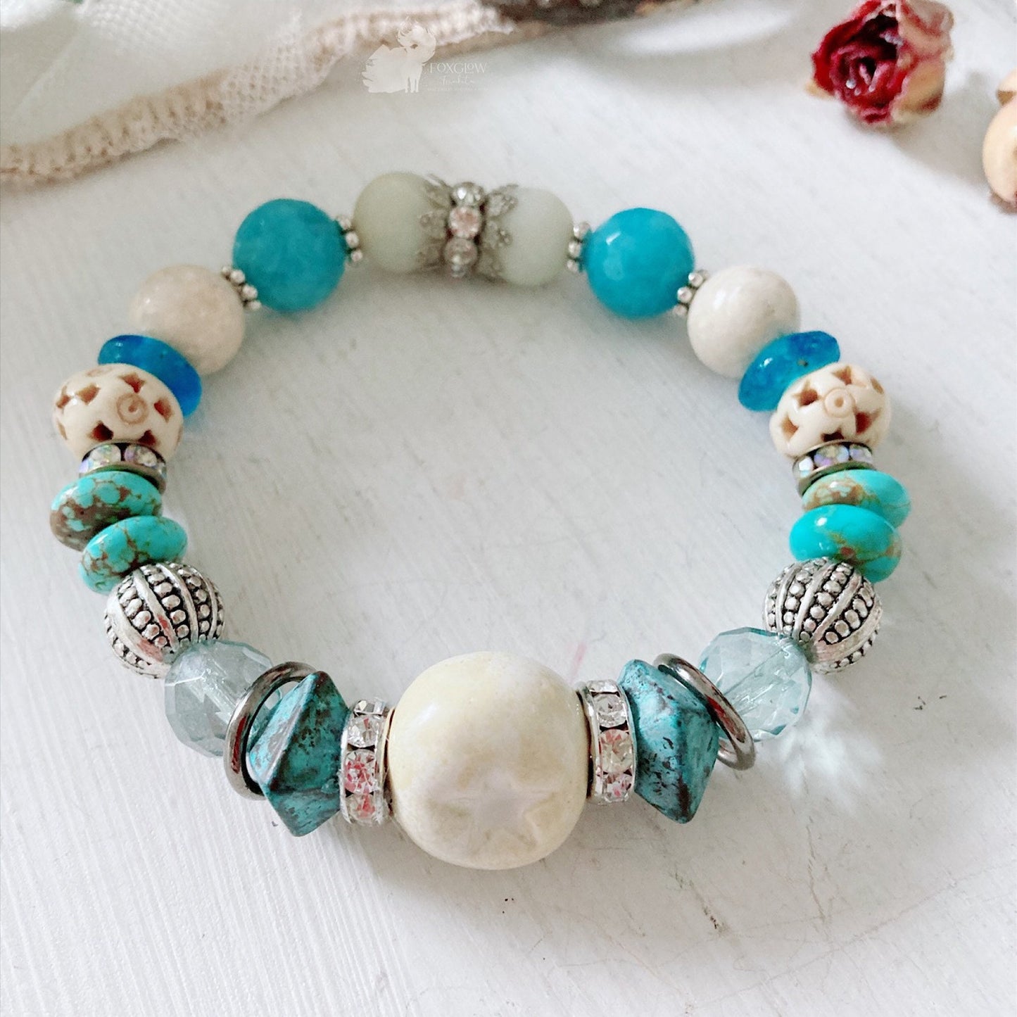 Pulsera elástica con estrella del desierto mística de color turquesa para mujer